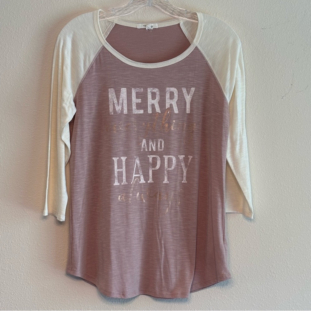 Maurices Women's Pink and Cream Tee Long Sleeve Christmas Holiday Shirt SZ M